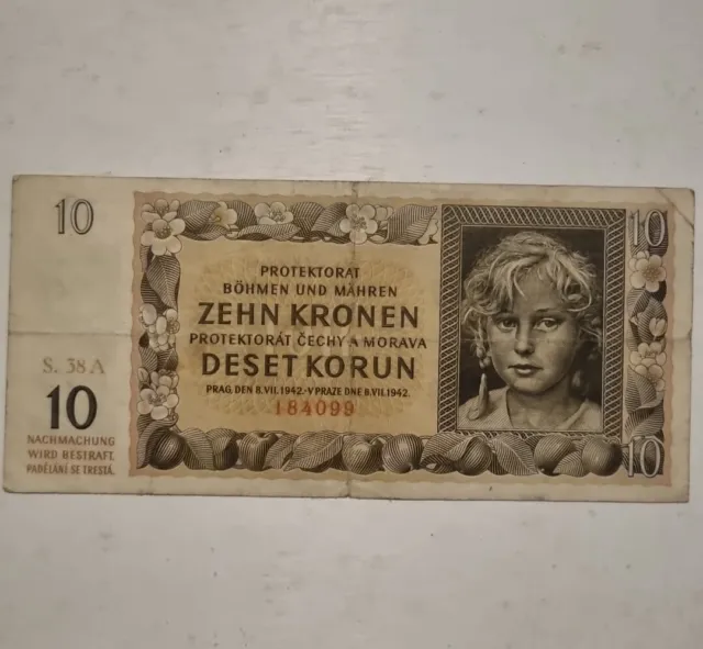Bohemia & Moravia 10 Korun 1942 Banknote Rare Paper Money