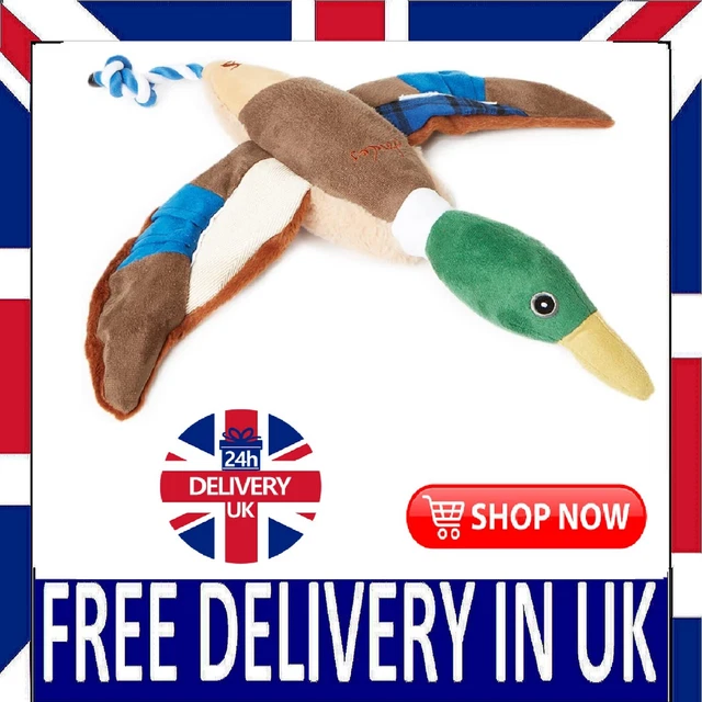 Rosewood Joules Soft Plush and Rope Squeaky Duck Interactive Training Dog Toy UK