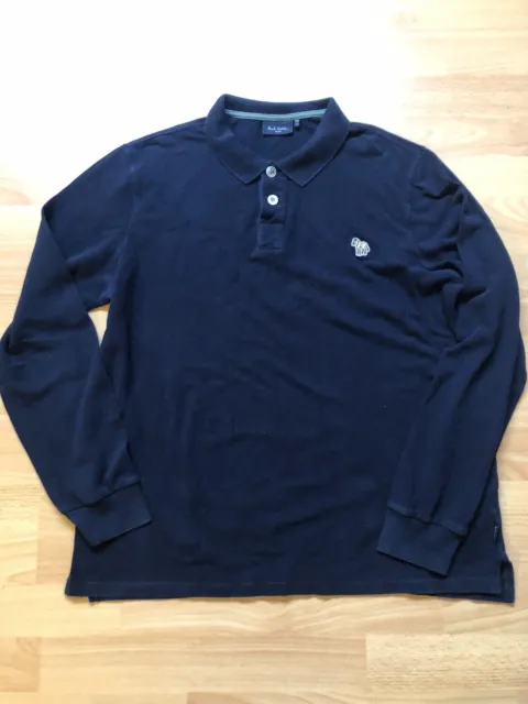 PAUL SMITH Polo Shirt Mens Size L Long Sleeve Navy Blue Stretch Zebra Logo
