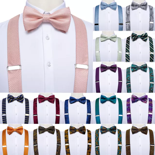 Mens Pink Solid Suspenders Bow Tie Set Adjustable Elastic Braces for Wedding Set