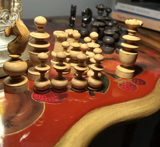 ANTIQ FRENCH REGENCY HAND CARVED AND TURNED WOODEN CHESS PIECES  Minus One Pawn