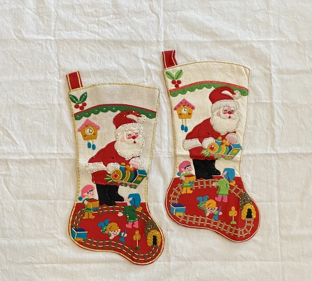 BUCILLA CHRISTMAS STOCKING COMPLETED FELT APPLIQUE SANTA TRAIN Set Of 2 New