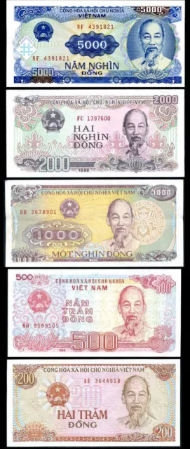 Vietnam Set 5 Pcs 200 500 1000 2000 5000 Dong 1987-91 P 100 101 106 107 108 UNC