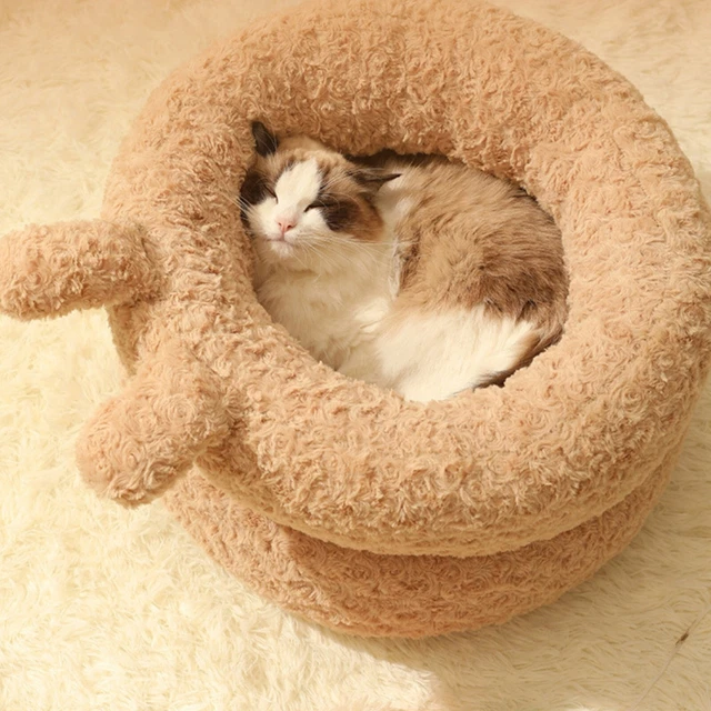 Donut Plush Pet Dog Cat Bed Fluffy Soft Warm Calming Bed Sleeping Kennel Nest 3