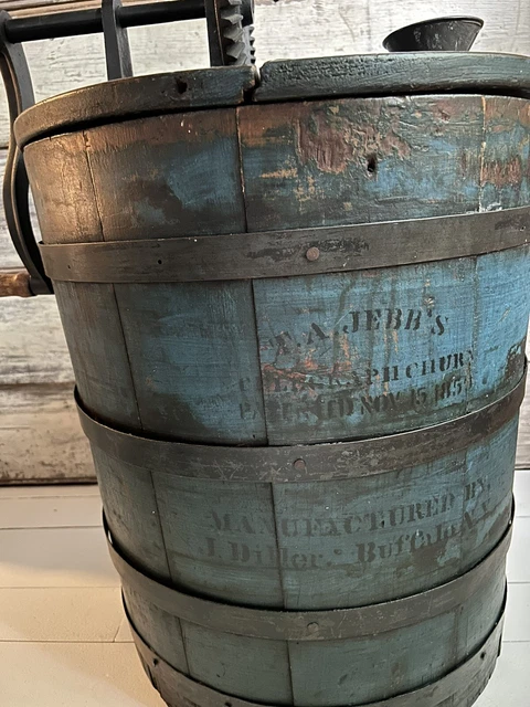 Aafa Early Primitive Prairie Farmhouse 1855 Butter Churn Original Blue Paint Aafa Early Primitive Prairie Farmhouse 1855 Butter Churn Original Blue Paint