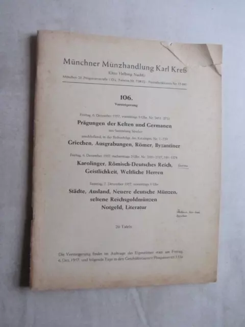Auktionskatalog 106. Versteigerung Münzhandlung Karl Kreß München Dezember 1957