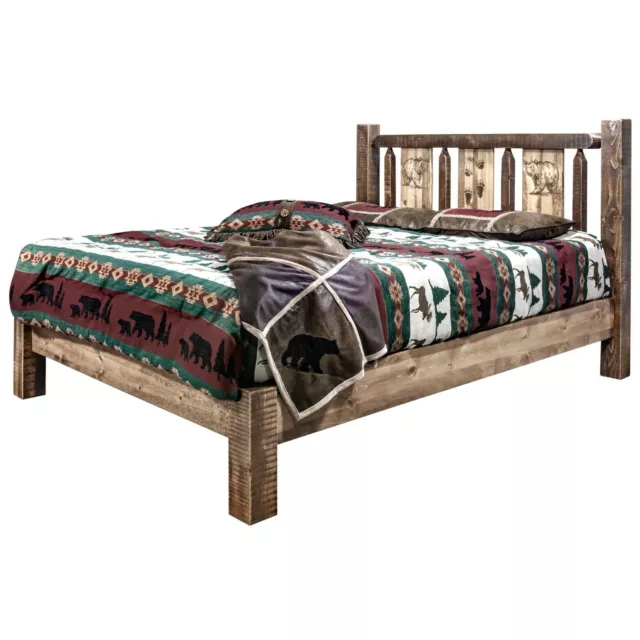 Farmhouse Style Platform Bed KING Rustic Laser Western Unique Amish Made Lodge