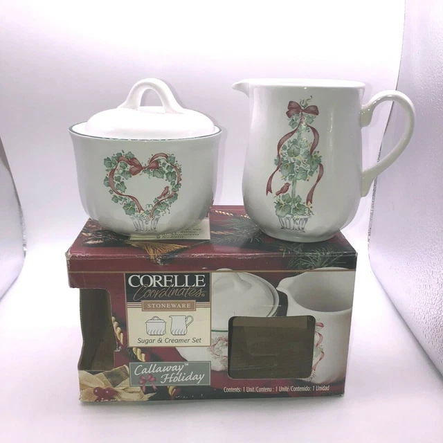 Vintage Corelle Callaway Ivy Holiday Creamer Sugar Bowl Set White Green Red