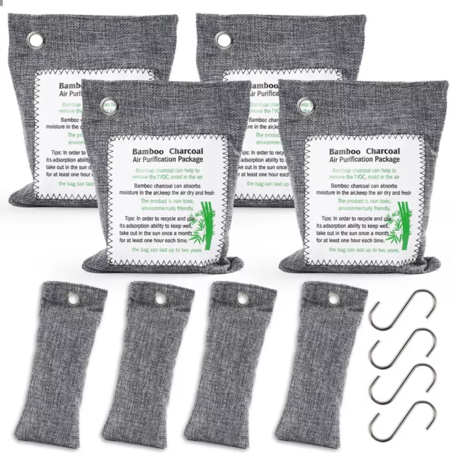 8 Pack Bamboo Charcoal Air Purifying Bags & Hooks Charcoal Bags Odor Absorber