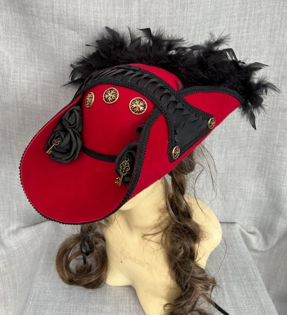 UNISEX RED TRICORN Pirate Hat Renaissance Feathers Corset top Rose 57cm