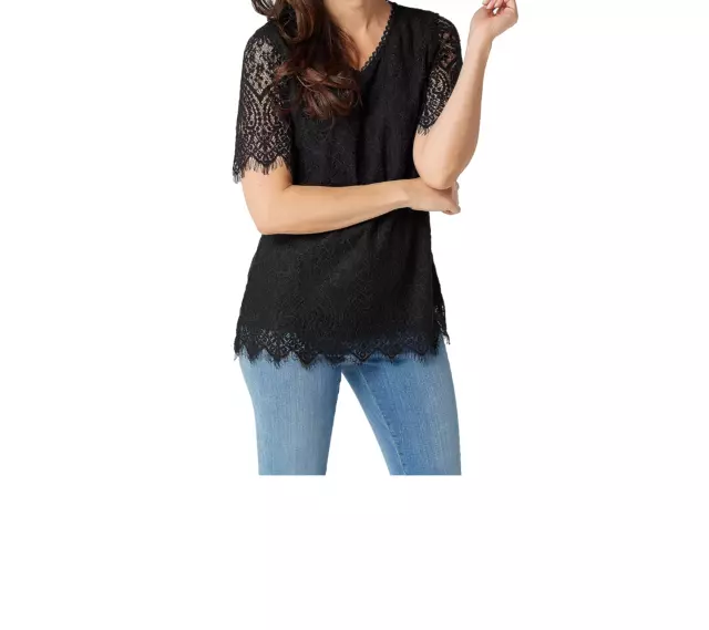XS Isaac Mizrahi Live! Short Sleeve V Neck Knit Lace Top Shirt Black EXTRA SMALL