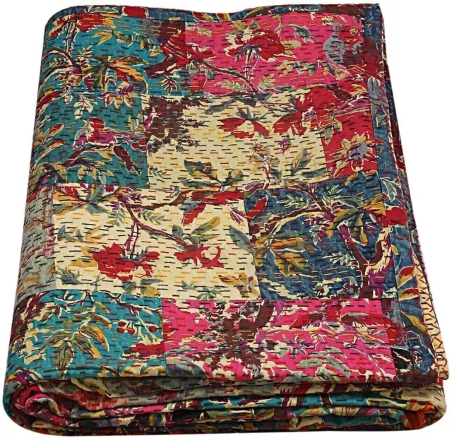 Patchwork Kantha Bedspread Indian Handmade Quilt Vintage Throw cotton Blanket