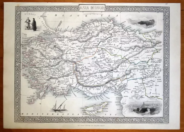 ASIA MINOR, CYPRUS, TURKEY, RAPKIN & TALLIS orig. antique illustrated map c1850