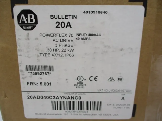 Allen Bradley 20Ad040C3Aynanc0 Ser. A F/W 5.001 480Vac 40A Nsmp