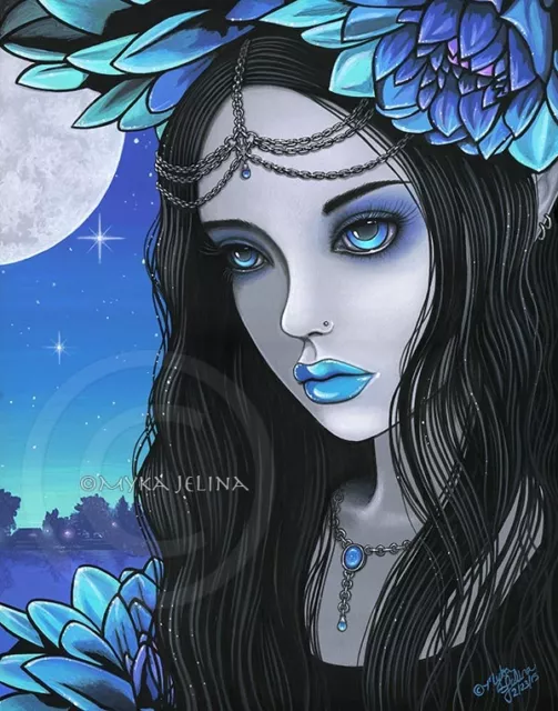 Gothic Fairy Moon Lotus Teal Purple Flower Nalin CANVAS Print Signed Myka Jelina