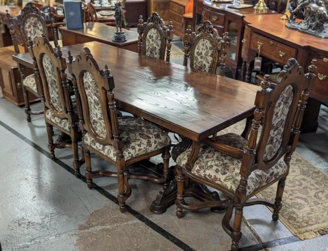 Rare Stunning Quality Heavily Carved Solid Oak Table & Six Chairs