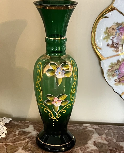 Vintage Bohemian Emerald Green Art Glass Vase 8” NO CHIPS PAINTED FLOWERS & GOLD