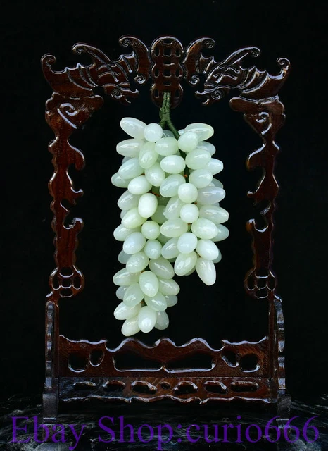 11" Chinese Natural Xiu Jade Hand Carving Feng Shui Grape Fruit Shelf Statue