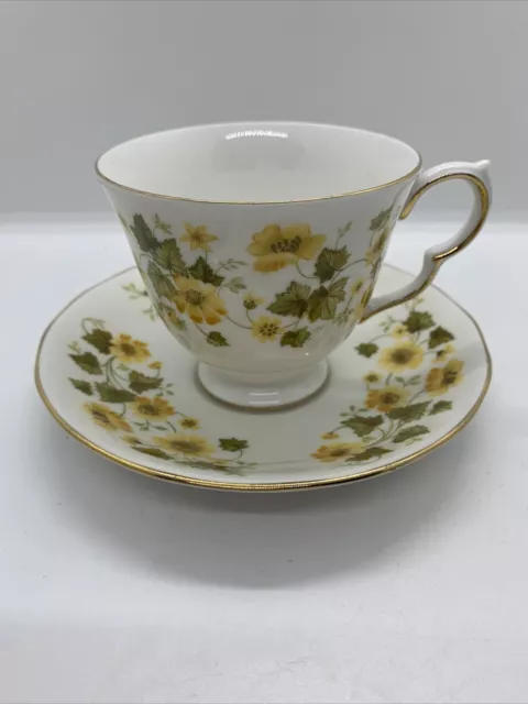 Queen Anne Bone China Footed Cup and Saucer Set Yellow Flowers Used Condition 2