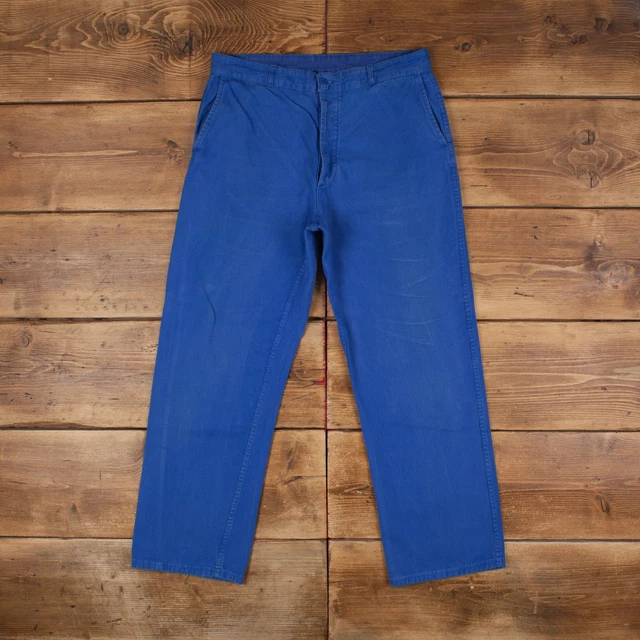 Pantaloni da lavoro vintage francesi pantaloni 34x30 da uomo blu dritto cotone