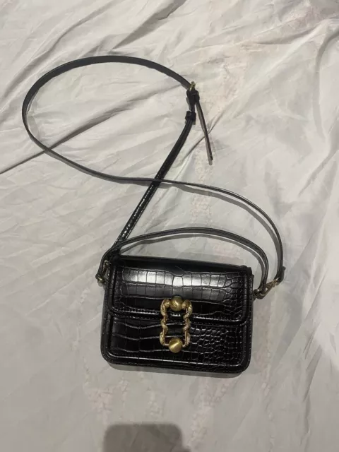 Zara Black Crossbody Shoulder Top Handel Waist Bag Gold Metal Faux Croc Leather