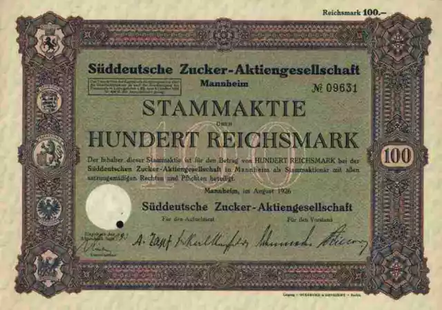Süddeutsche Zucker AG 1926 Mannheim Heilbronn Frankenthal Ochsenfurt Zeil 100 RM