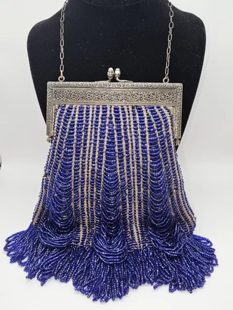 Vintage Beaded Art Deco Knit Purse Flapper Hand Bag Cobalt Blue