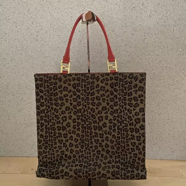 FENDI Leopard Print Canvas Leather Tote Hand Bag Brown Red Women Used JPN