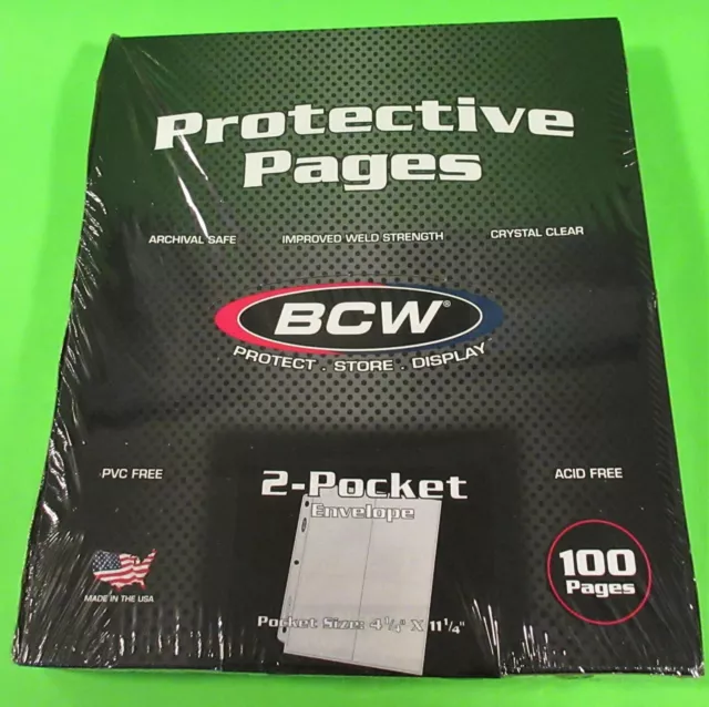 100 Bcw Pro 2-Pocket #10 Business Envelope Pages For Covers, Photos, Coupons