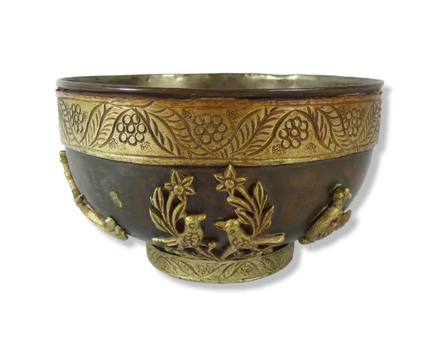 Vintage Oriental Asian Brass & Metal Sugar Food Bowl Dish Small Serving Birds