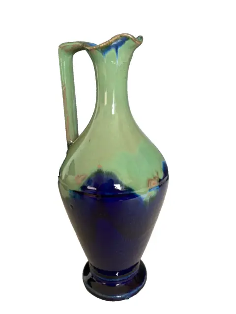 Vase aiguière pichet en céramique style grès flammé bleu vert art déco