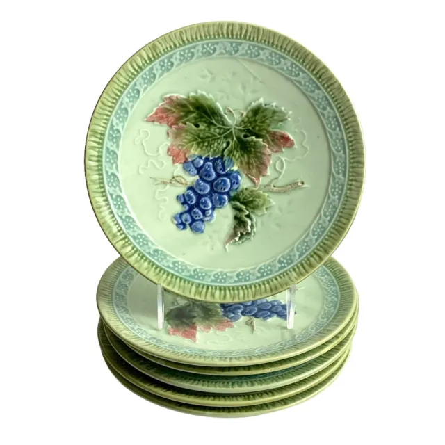 Black Forest Art Pottery Majolica Salad Plates Erphila Germany 7.75” Grapes 6pc