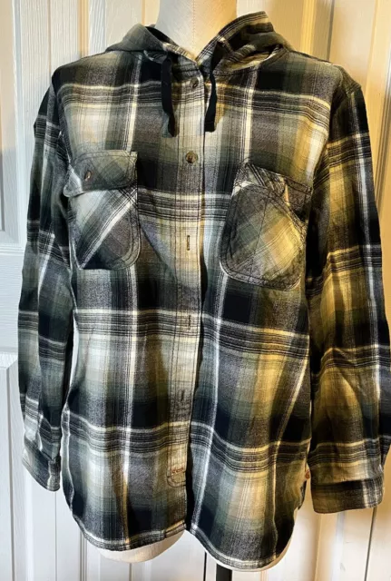 Carhartt Womens Hooded Flannel Shirt Size XL 16/18  Blue Plaid Button Hoodie (E)