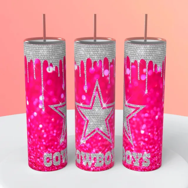 Dallas Cowboys Pink Rhinestone Drip on a 20 ounce Tumbler insulated coffee cup