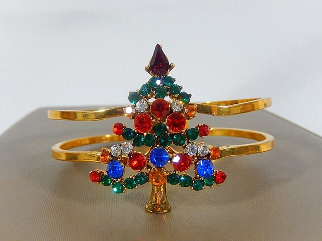New Old Stock Christmas Tree Crystal Rhinestone Hinged Clamper Cuff Bracelet
