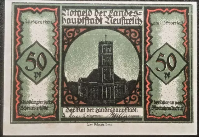 50 Pfennig  Landeshauptstadt Neustrelitz 1921 UNC Notgeld   #24.02.14#