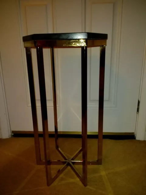 Retro Small Tall Heavy Hexagonal Black Marble Top Table On Gold Gilded Legs Used