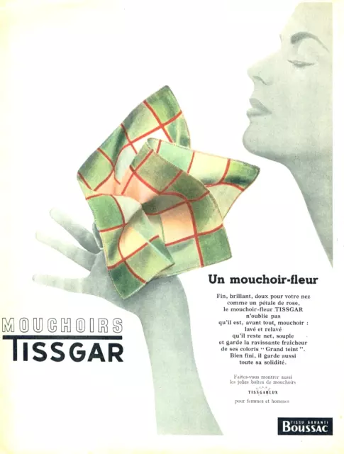 publicité Advertising  1022  1954   Tissgar   mouchoir- fleur   tissu Boussac