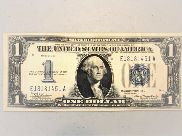 1934 plain $1 Silver Certificate - a few folds but Crisp VF/XF