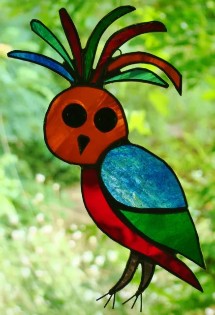 Large FUNKY GROOVY OWL Handmade MultiColour Stained Glass SUNCATCHER Bird Design