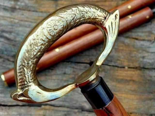 Poignée de tête en laiton antique Design victorien Bâton de marche en bois...