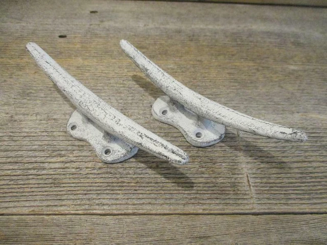 Antique Cast Iron Wall Hooks White Boat Cleat Rustic Coat Towel Hanging Lot of 2