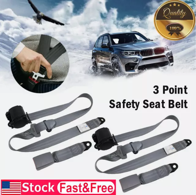 2 Set Retractable 3Point Safety Seat Belt Strap Car Vehicle Adjustable Belt Gray