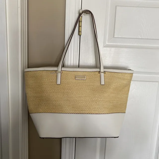 Kate Spade Tan/White Woven Straw Large Satchel Tote Shoulder Bag