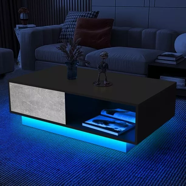 LED Coffee Table Side Table High Gloss Modern Coffee Tea Table W/Drawer