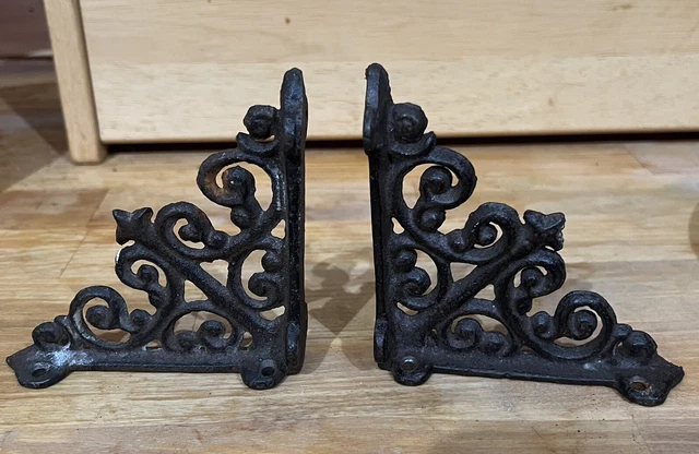 2 Small Brown Antique-Style  4” Cast Iron Rutic Ornate Shelf Brackets