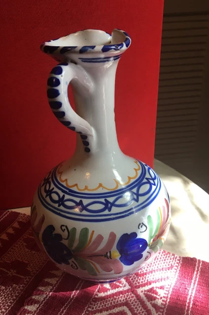 Hand Painted Ceramic Pitcher;Carafe; Spain; 8" tall - Vase; narrow neck; signed