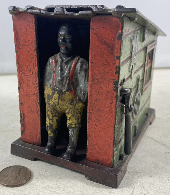 Rare Antique Cast Iron Mechanical Bank J & E Stevens Early American Cabin