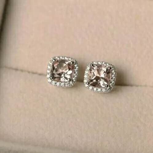 3Ct Cushion Lab-Created Morganite Diamond Stud Earrings 14K White Gold Finish