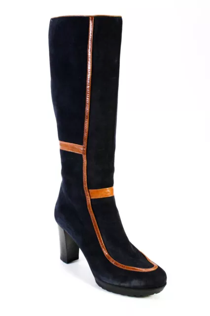 Carel Paris Womens Suede Mid Calf High Heeled Boots Navy Blue Brown Size 8.5